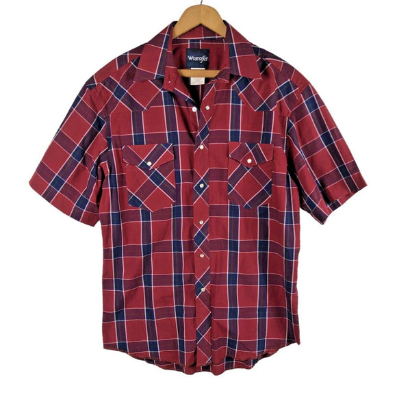 Vintage Wrangler 15 1/2 Medium Shirt Pearl Snap Red Plaid Rodeo Western Wear - Picture 1 of 4